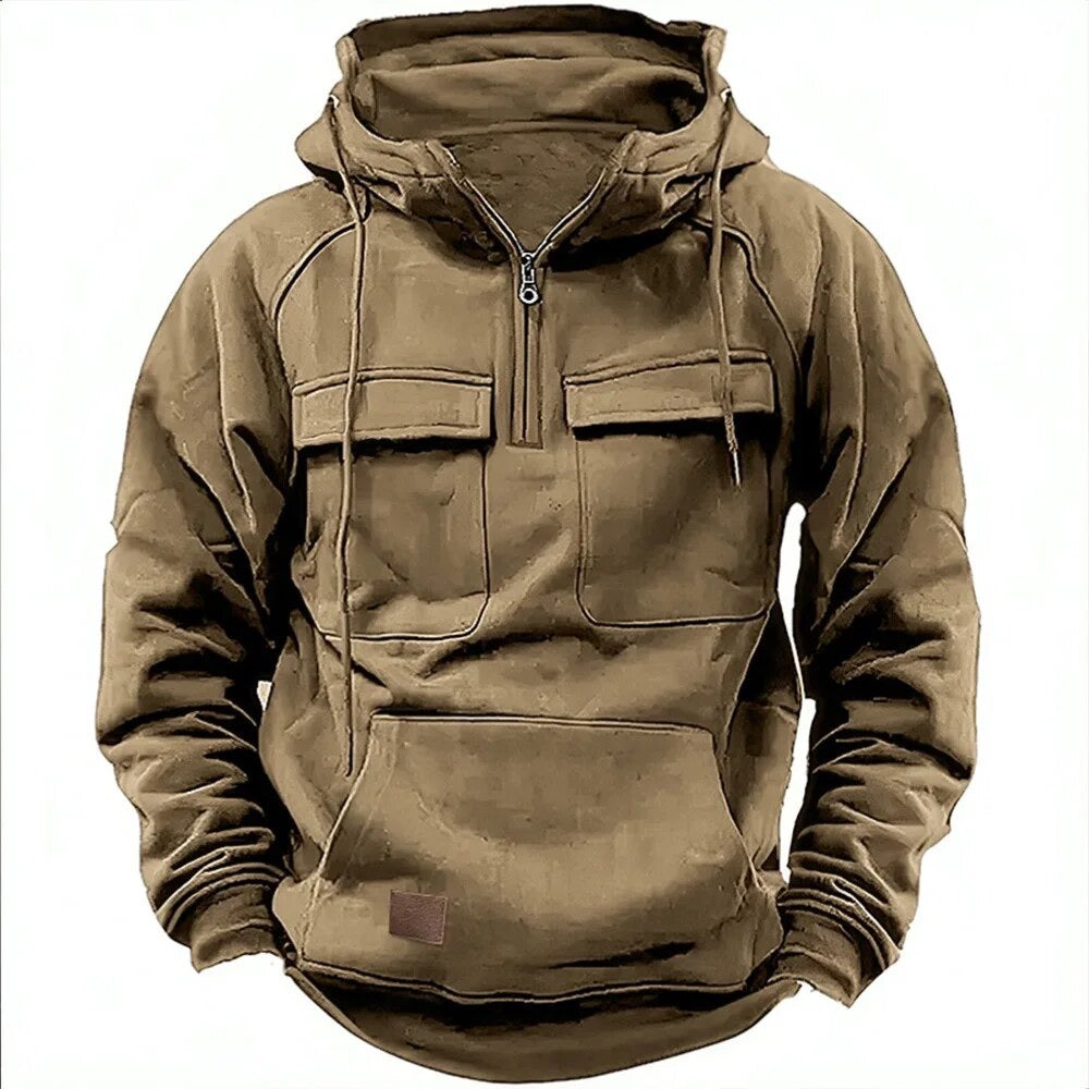 Men's Tactical Sweatshirt Quarter Zip Pullover Cargo Hoodie