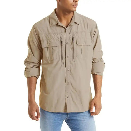 Men's Khaki Summer Shirt. Breathable, Long Sleeve with Multi-Pockets
