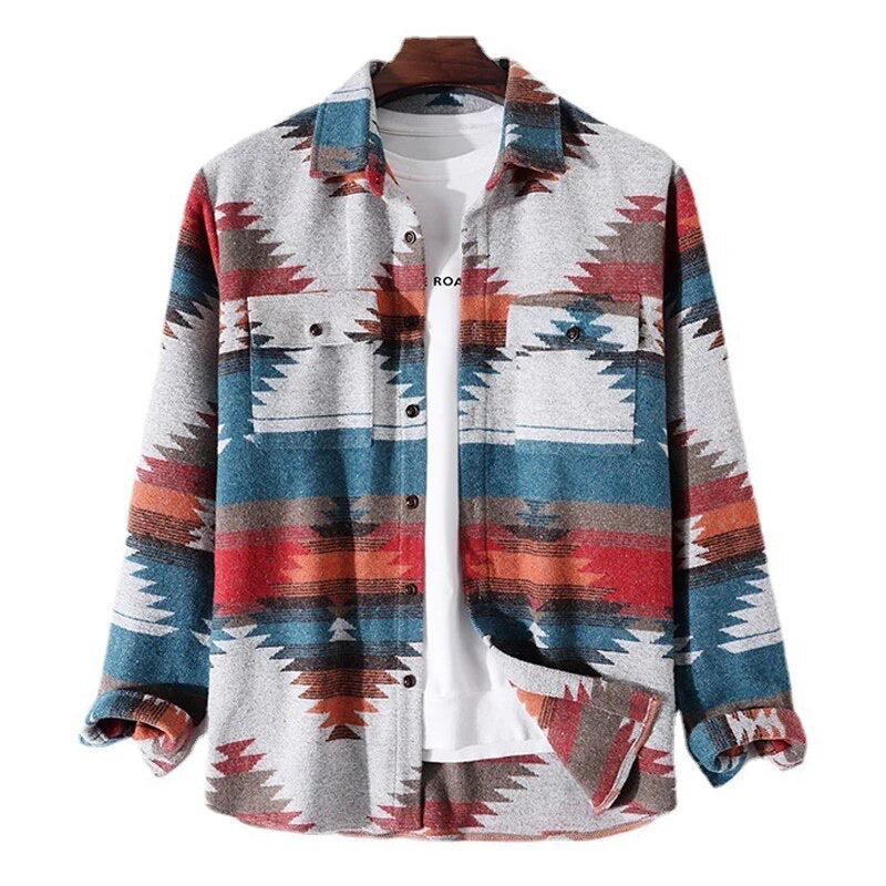 Tribal Geometric Aztec Printed Blend Wool Shirt