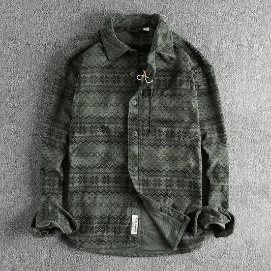 Retro Totem Printed Washed Corduroy Long Sleeve Shirt