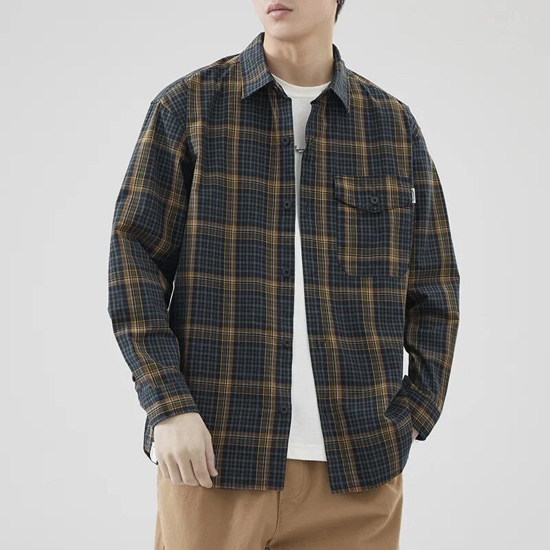 Simple Retro Loose Plaid Cargo Shirt