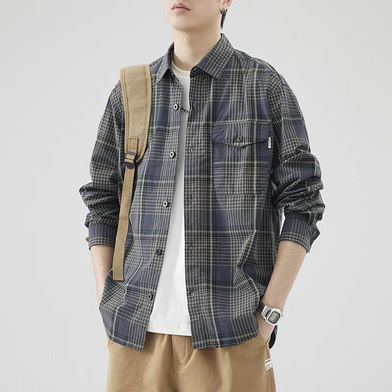 Simple Retro Loose Plaid Cargo Shirt