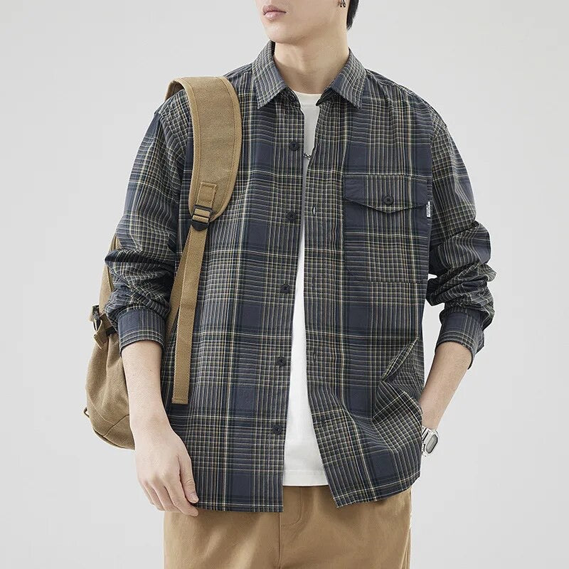 Simple Retro Loose Plaid Cargo Shirt