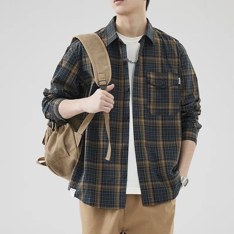 Simple Retro Loose Plaid Cargo Shirt